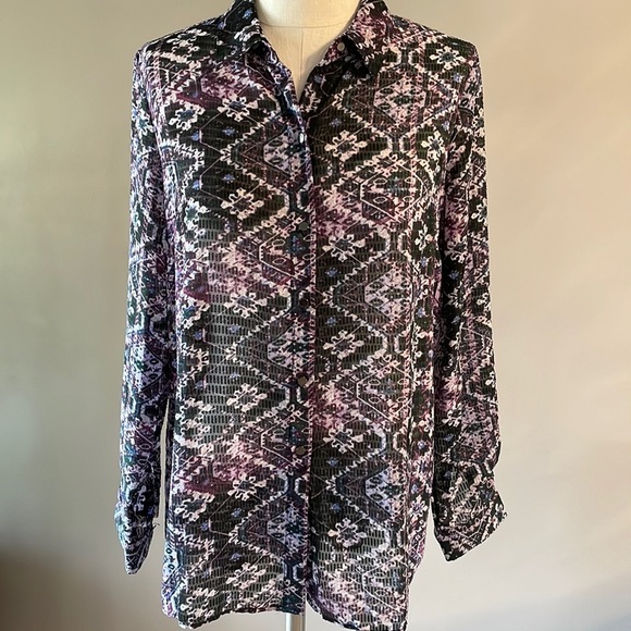 Jones New York VINTAGE semi sheer textured button up collared blouse relax fit M - Picture 1 of 17